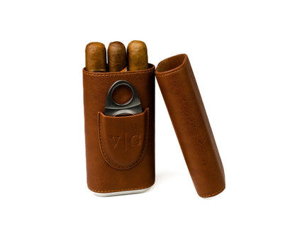 Luxury Brown Leather Cigar Case With Cutter by Vintage Gentlemen